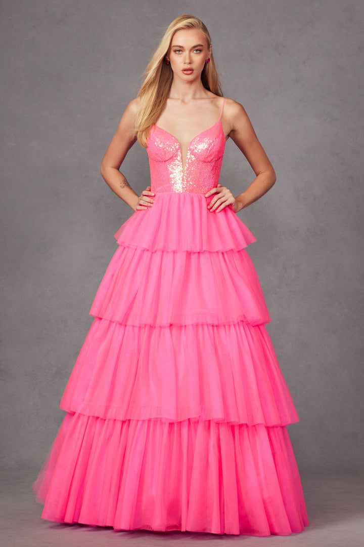 Sleeveless Sequin Bodice A-line Ruffled Gown by Juliet JT2457H