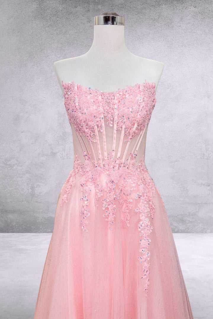 Applique Strapless Slit Gown by Amelia Couture 9078