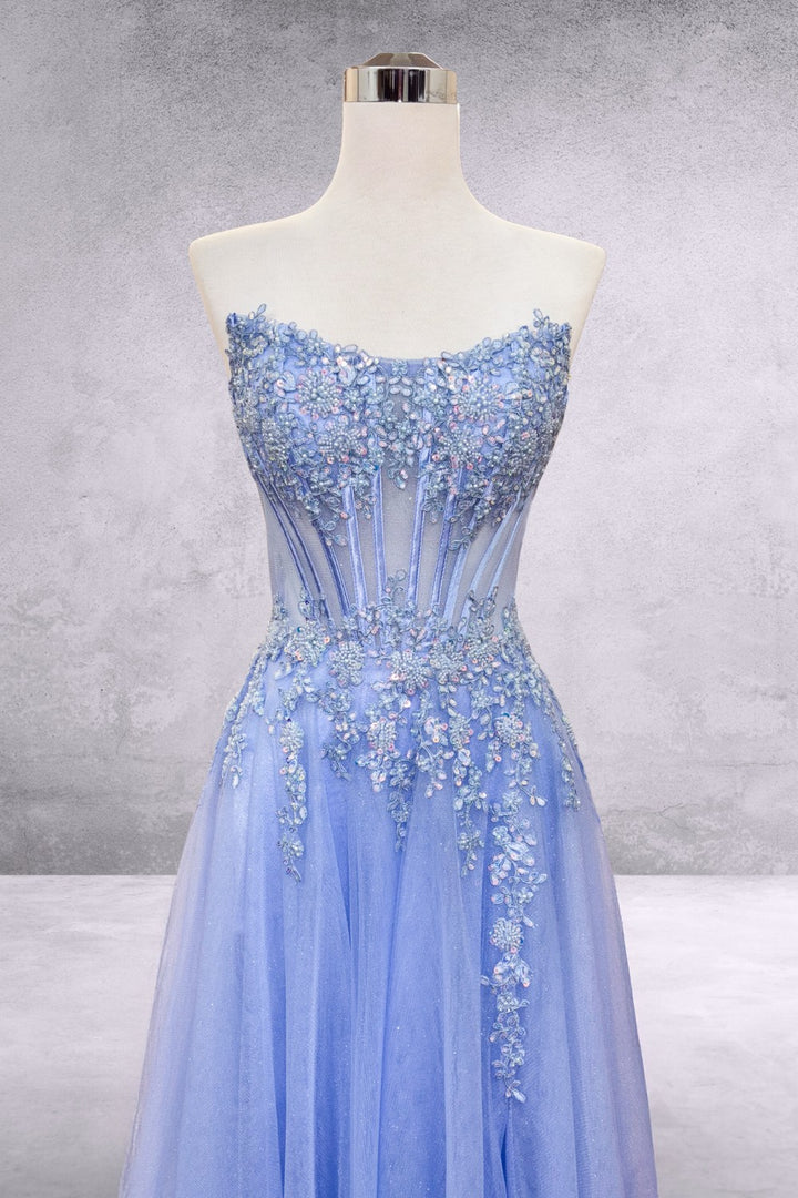 Applique Strapless Slit Gown by Amelia Couture 9078