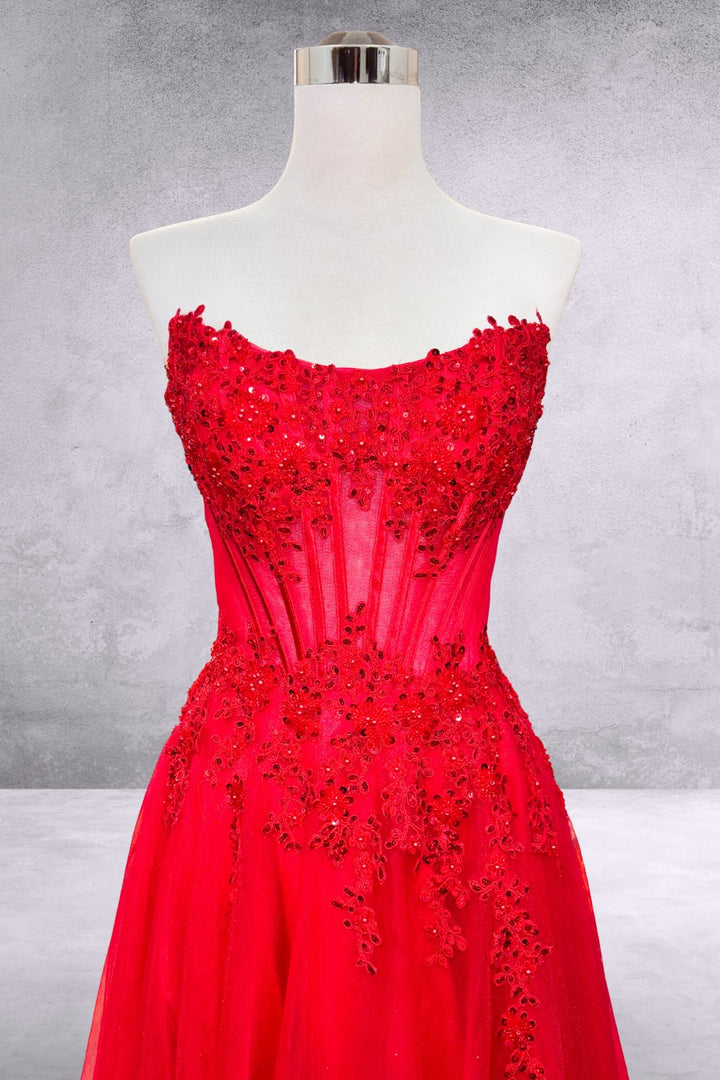 Applique Strapless Slit Gown by Amelia Couture 9078