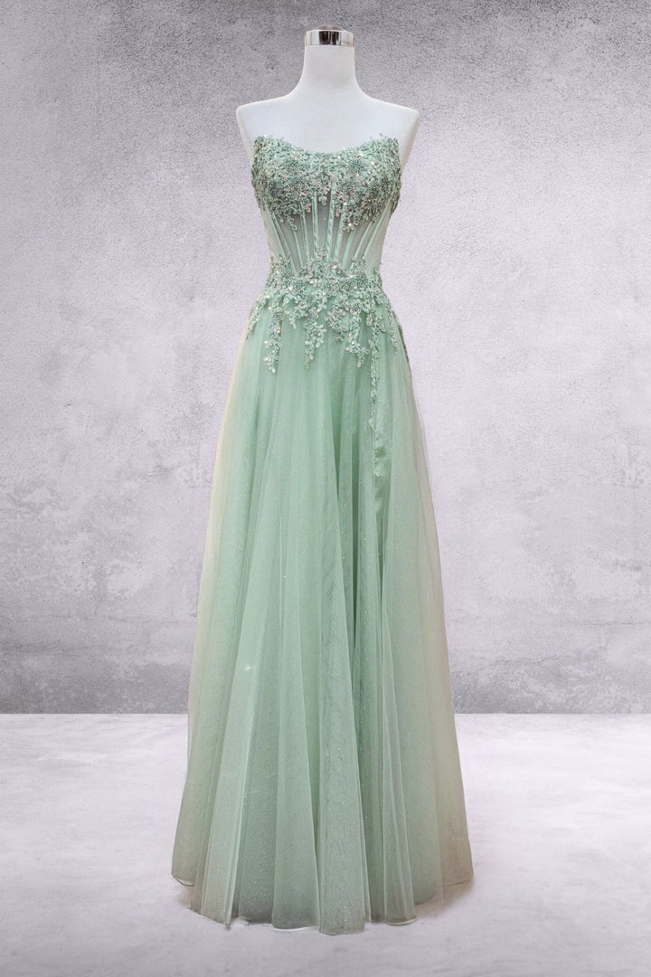 Applique Strapless Slit Gown by Amelia Couture 9078