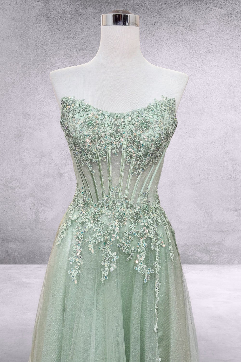 Applique Strapless Slit Gown by Amelia Couture 9078