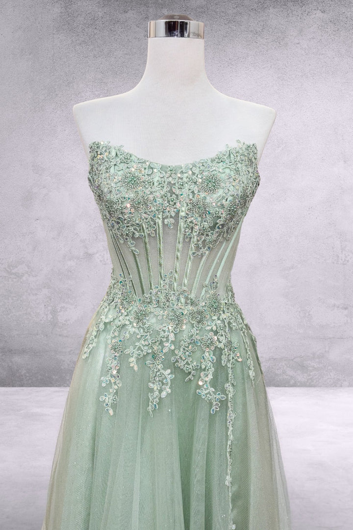 Applique Strapless Slit Gown by Amelia Couture 9078
