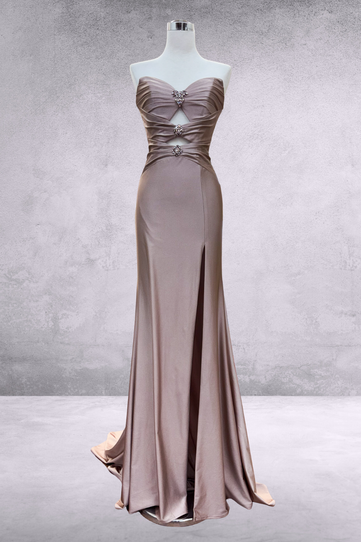 Satin Strapless Slit Gown by Amelia Couture 3102