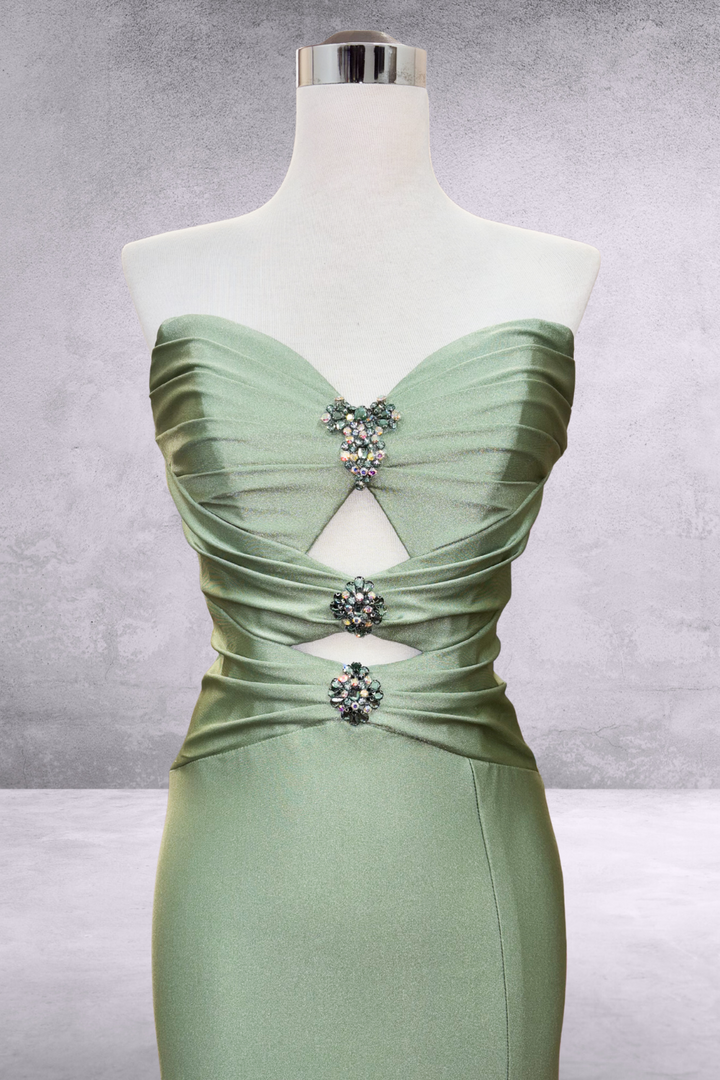 Satin Strapless Slit Gown by Amelia Couture 3102