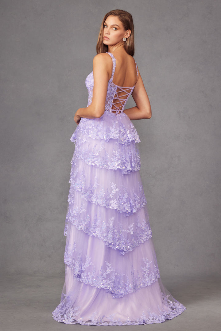 Applique Sleeveless A-line Tiered Slit Gown by Juliet JT2463A