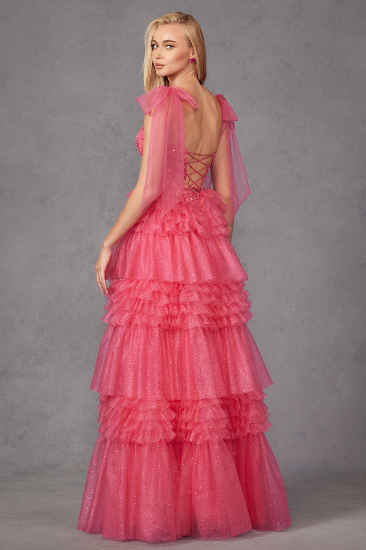Applique Sleeveless A-line Ruffled Slit Gown by Juliet JT2465A