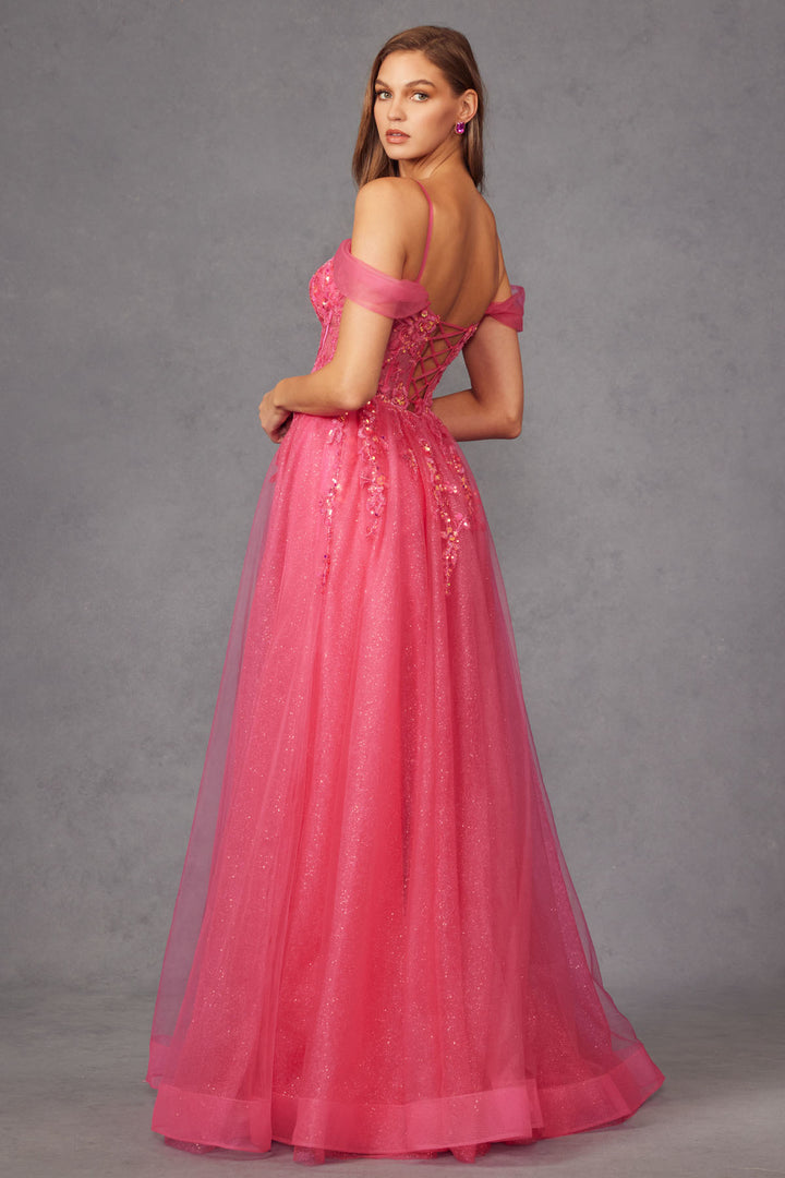 Sequin Applique Cold Shoulder Slit Gown by Juliet JT2466A