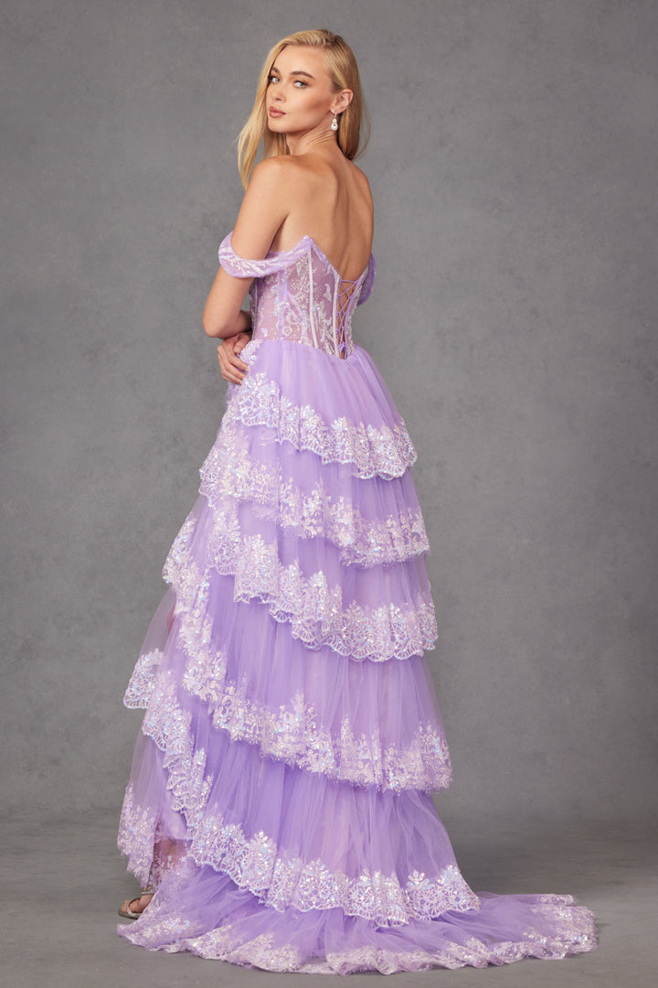 Applique Off Shoulder A-line Tiered Slit Gown by Juliet JT2467K