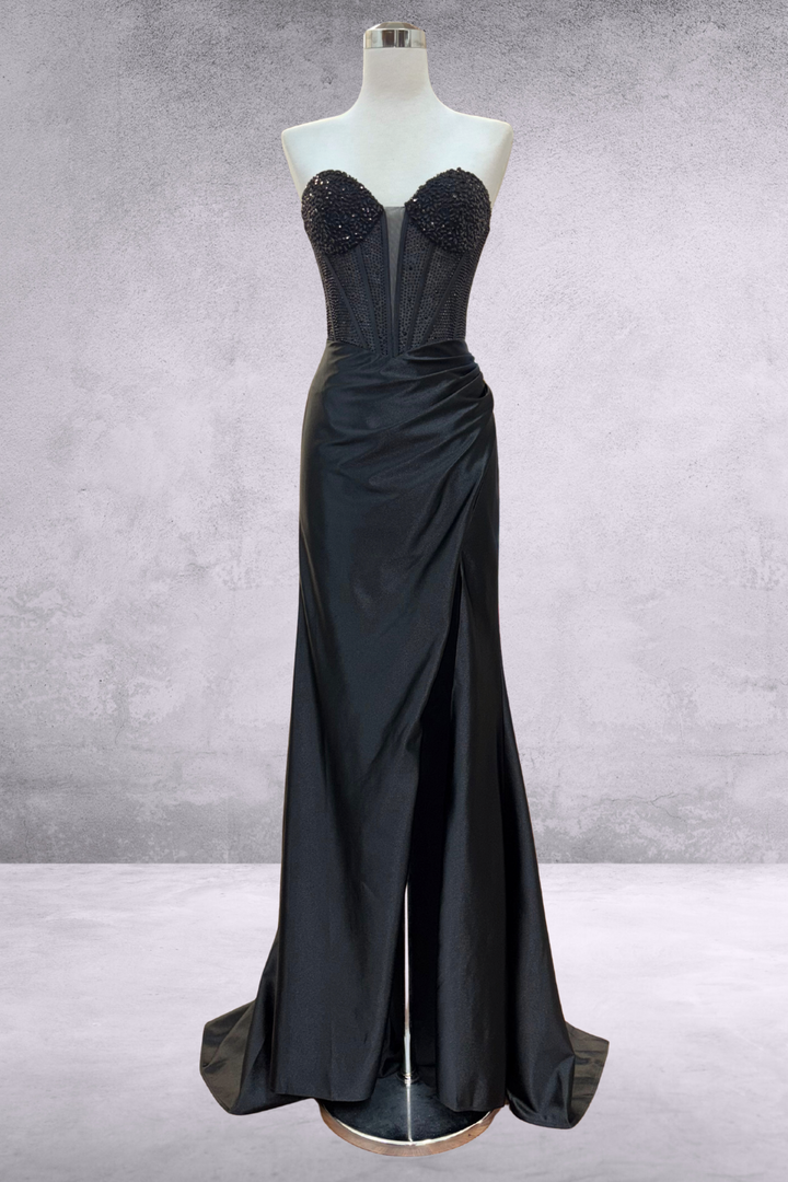 Beaded Satin Strapless Slit Gown by Amelia Couture 5074