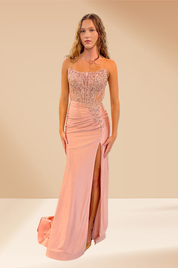 Applique Strapless Slit Gown by Amelia Couture 8059