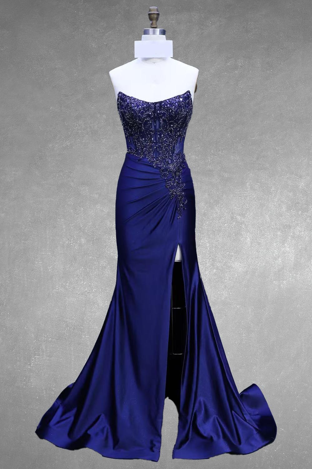Applique Strapless Slit Gown by Amelia Couture 8059