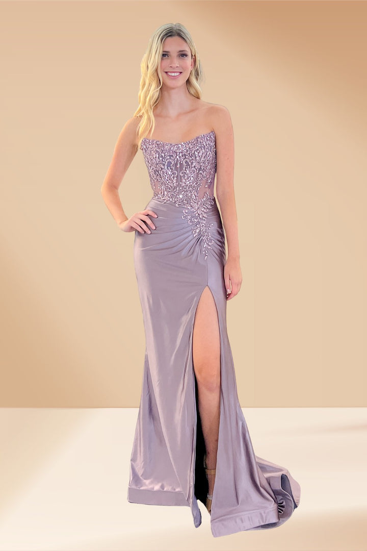 Applique Strapless Slit Gown by Amelia Couture 8059