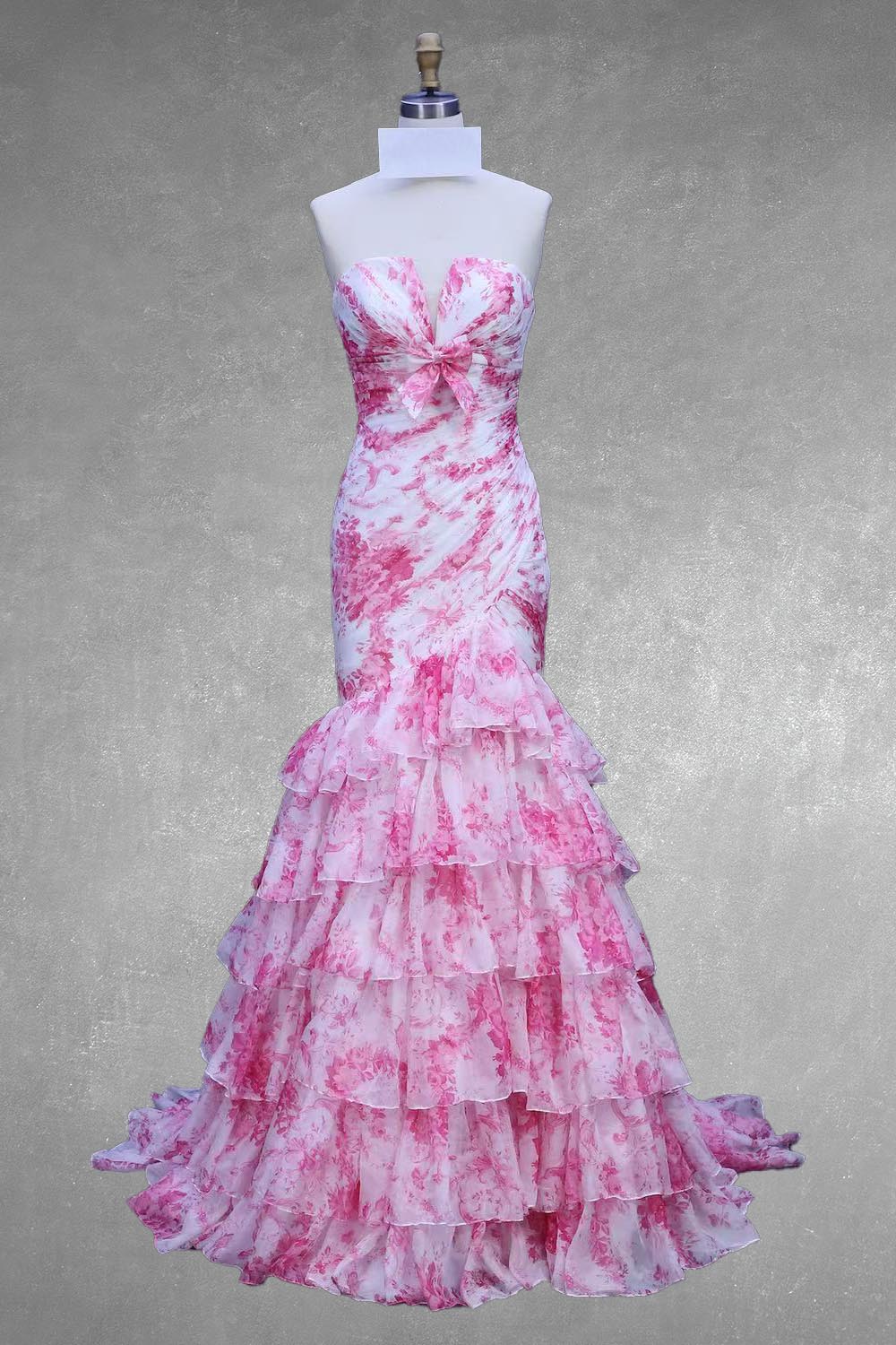 Print Strapless Tiered Gown by Amelia Couture 8060