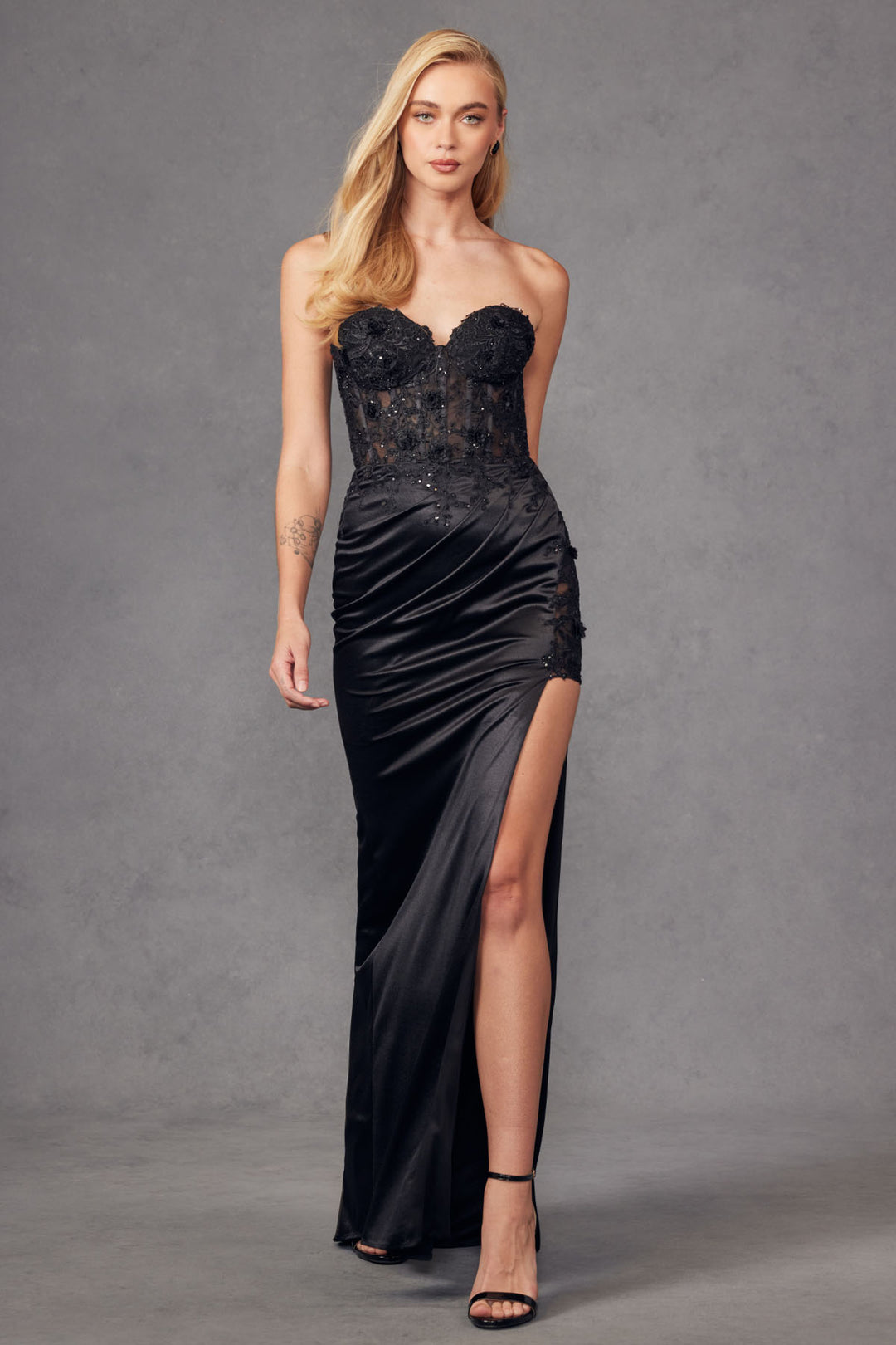 Applique Satin Fitted Sweetheart Slit Gown by Juliet JT2476U