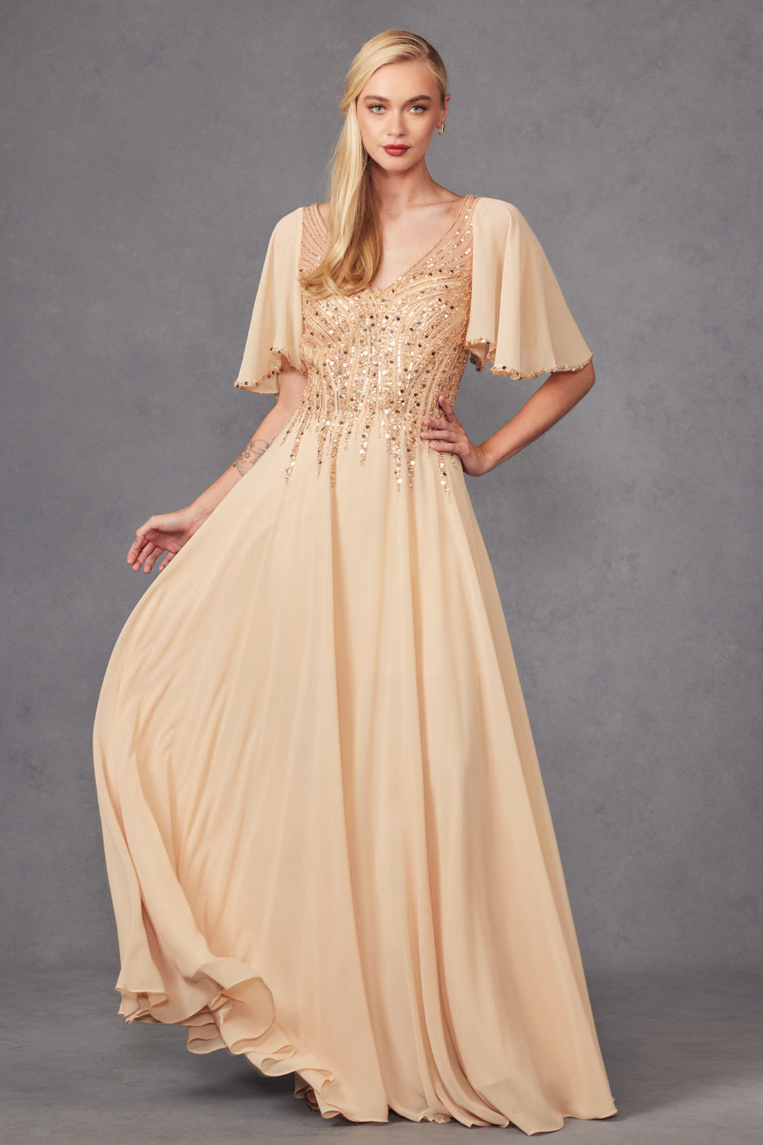 Embellished Chiffon Flutter Sleeve A-line Gown by Juliet JTM14F
