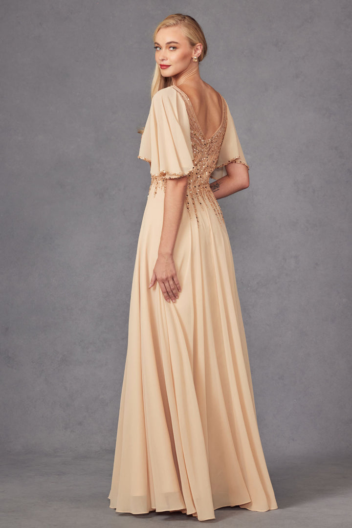 Embellished Chiffon Flutter Sleeve A-line Gown by Juliet JTM14F