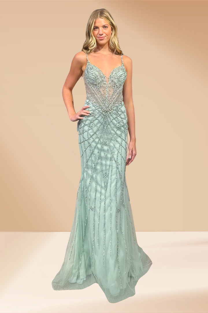 Beaded V-Neck Tulle Gown by Amelia Couture 2135