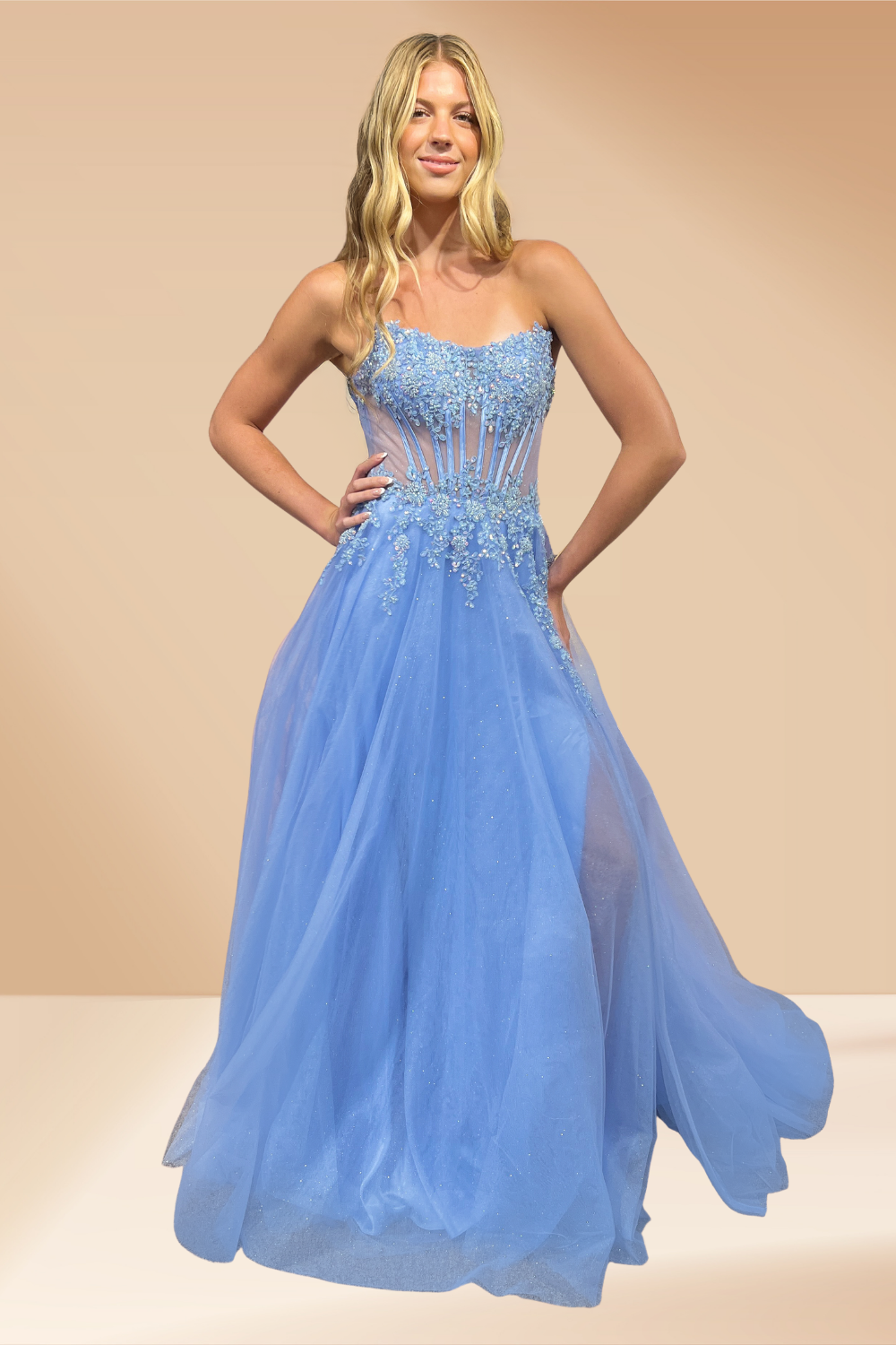 Applique Strapless Slit Gown by Amelia Couture 9078