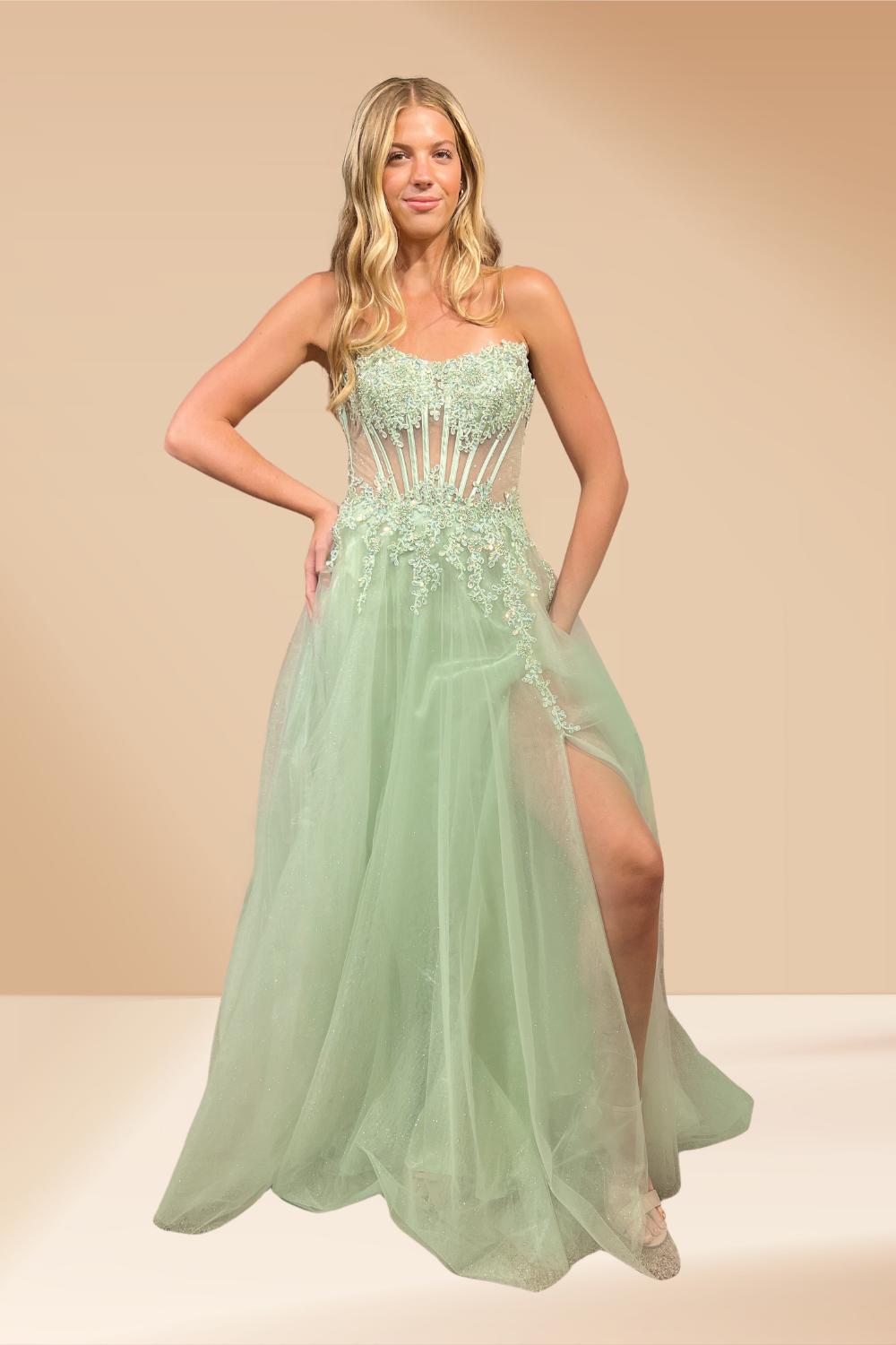 Applique Strapless Slit Gown by Amelia Couture 9078