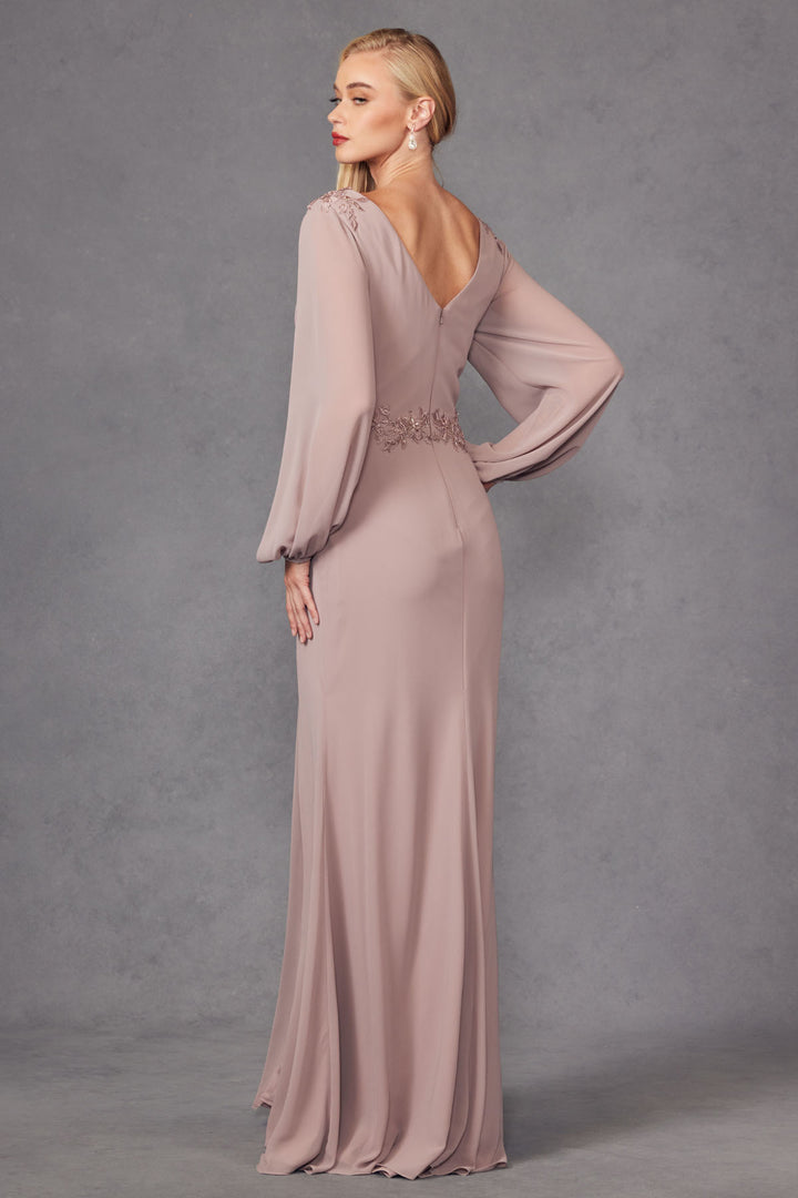 Embroidered Long Sleeve A-line Slit Gown by Juliet JTM16A