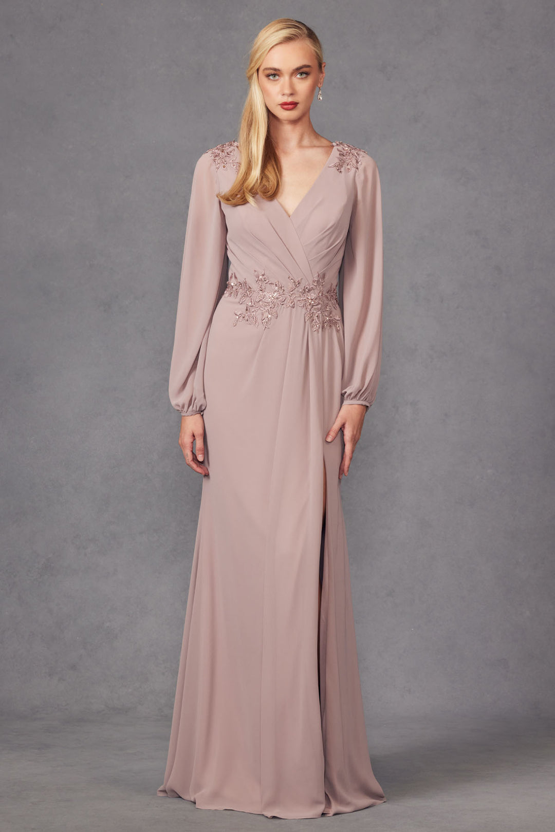 Embroidered Long Sleeve A-line Slit Gown by Juliet JTM16A
