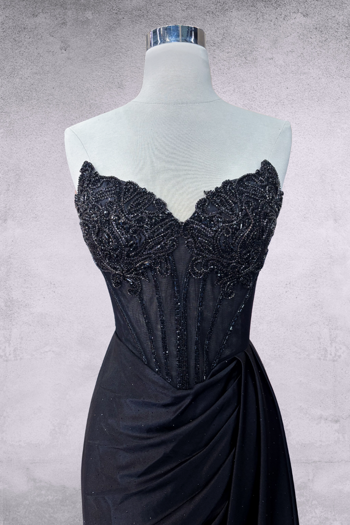 Beaded Satin Strapless Slit Gown by Amelia Couture 2128