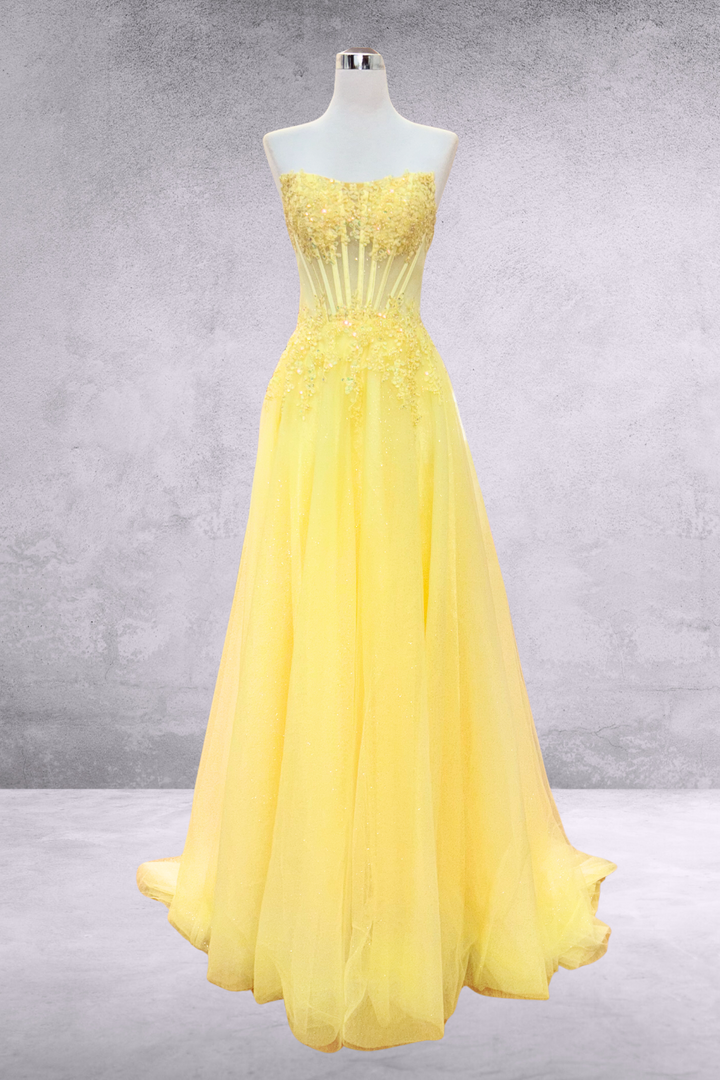 Applique Strapless Slit Gown by Amelia Couture 9078