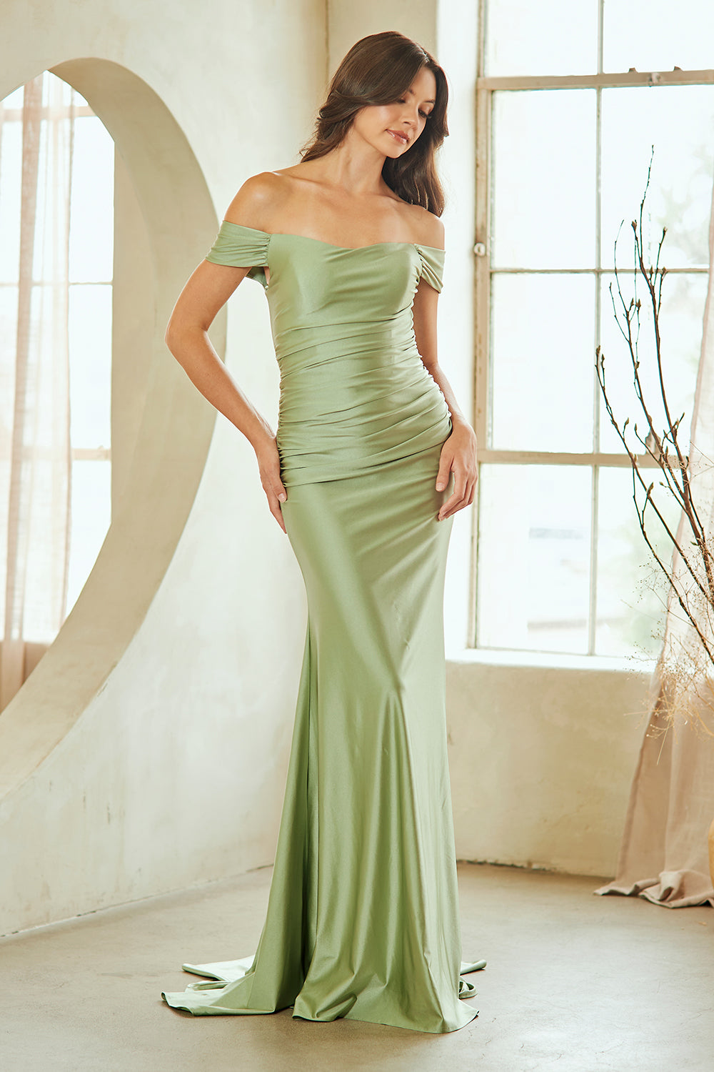 Satin Fitted Off Shoulder Gown by Amelia Couture 3101