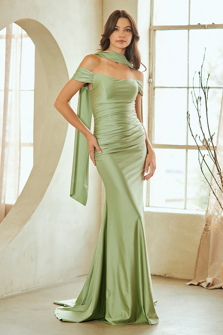 Satin Fitted Off Shoulder Gown by Amelia Couture 3101
