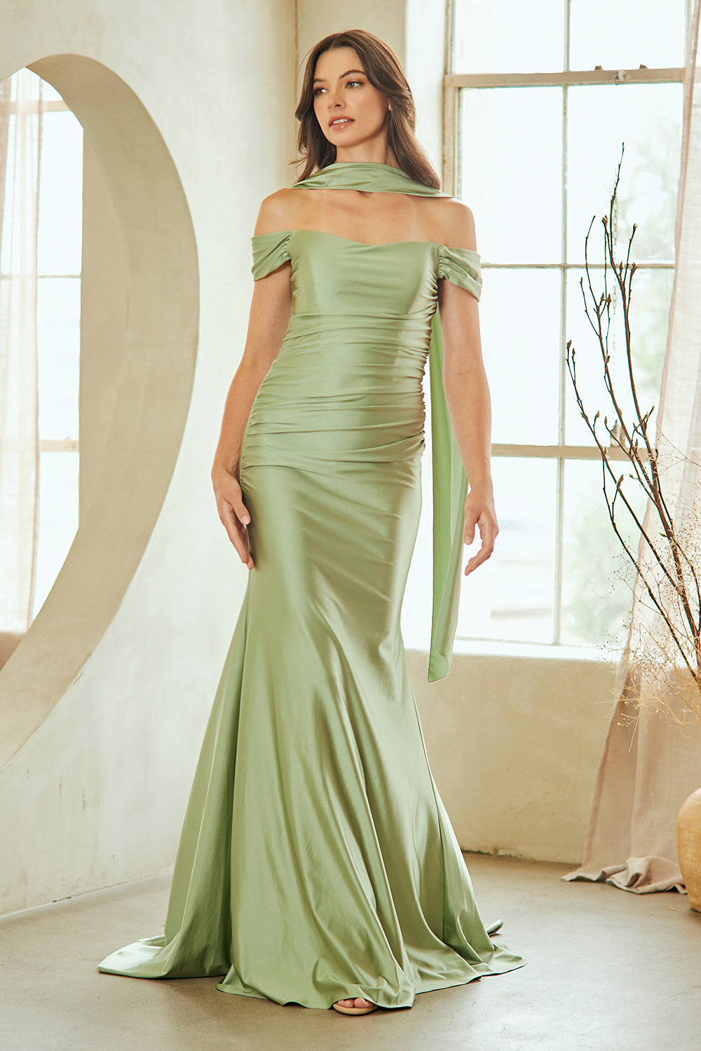 Satin Fitted Off Shoulder Gown by Amelia Couture 3101