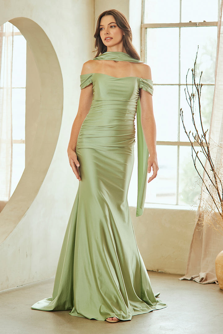 Satin Fitted Off Shoulder Gown by Amelia Couture 3101