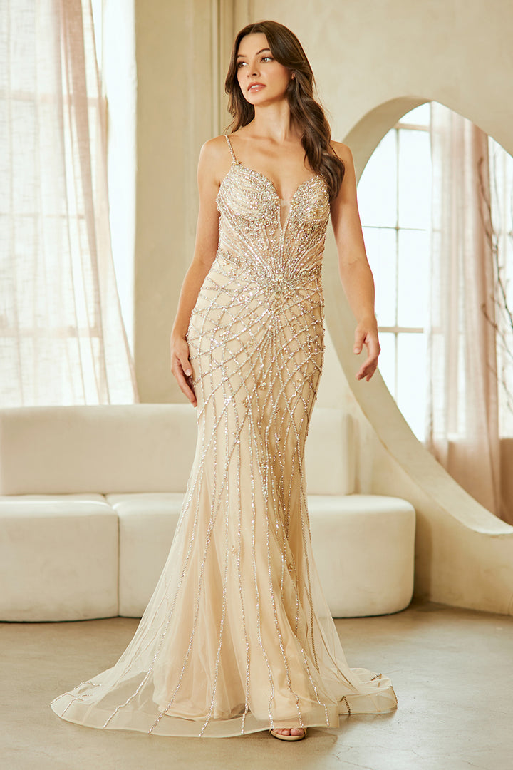 Beaded V-Neck Tulle Gown by Amelia Couture 2135