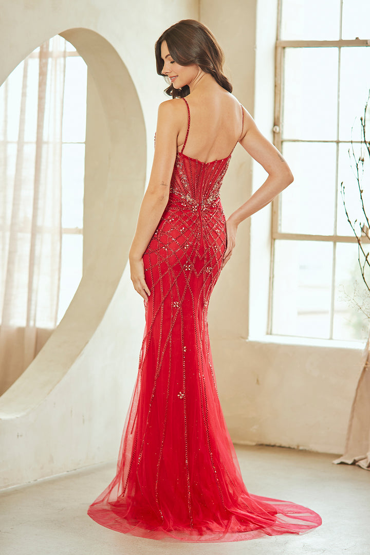 Beaded V-Neck Tulle Gown by Amelia Couture 2135