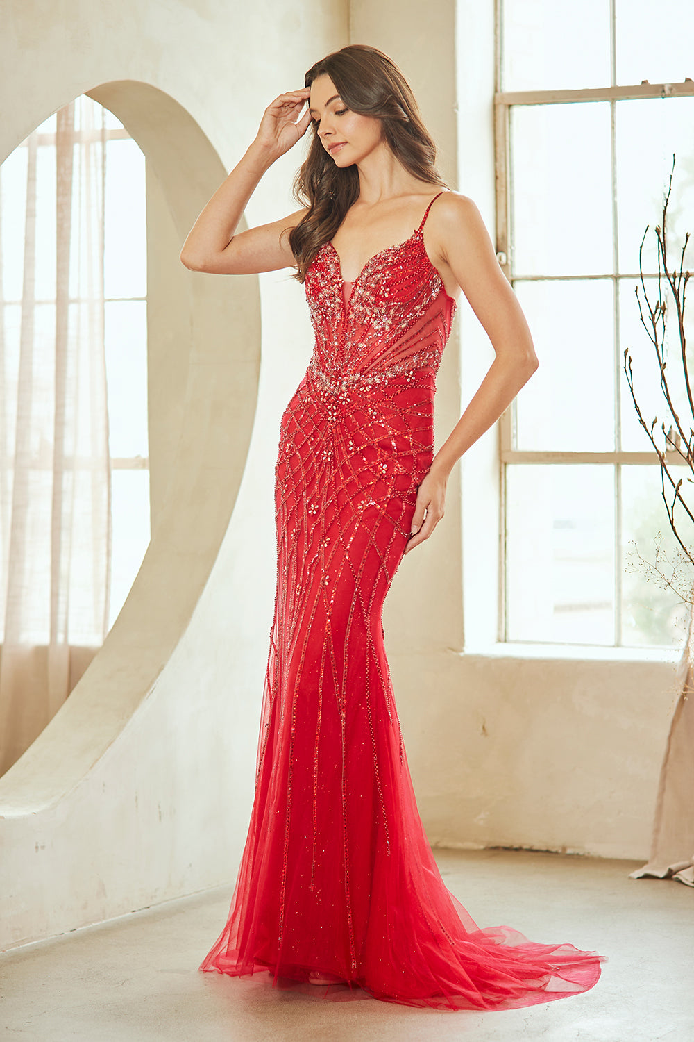 Beaded V-Neck Tulle Gown by Amelia Couture 2135