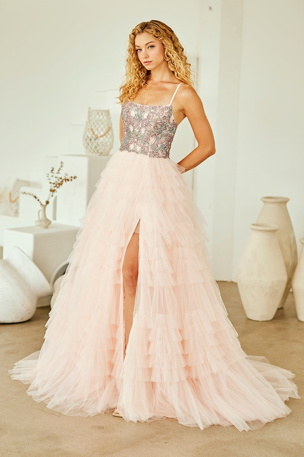 Sleeveless Ruffled Gown by Amelia Couture SU096