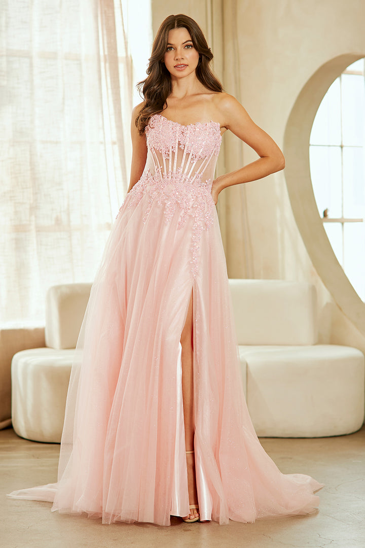 Applique Strapless Slit Gown by Amelia Couture 9078