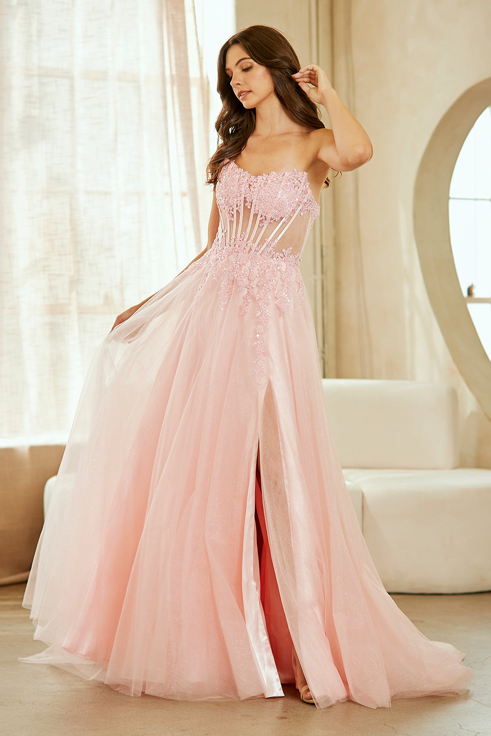 Applique Strapless Slit Gown by Amelia Couture 9078