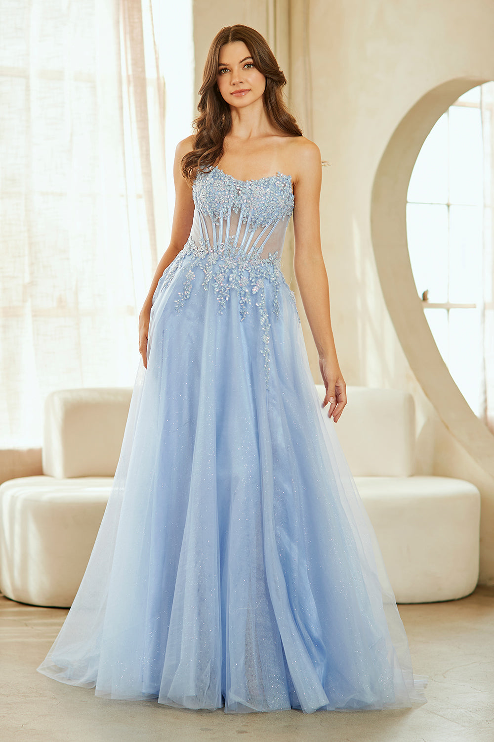 Applique Strapless Slit Gown by Amelia Couture 9078
