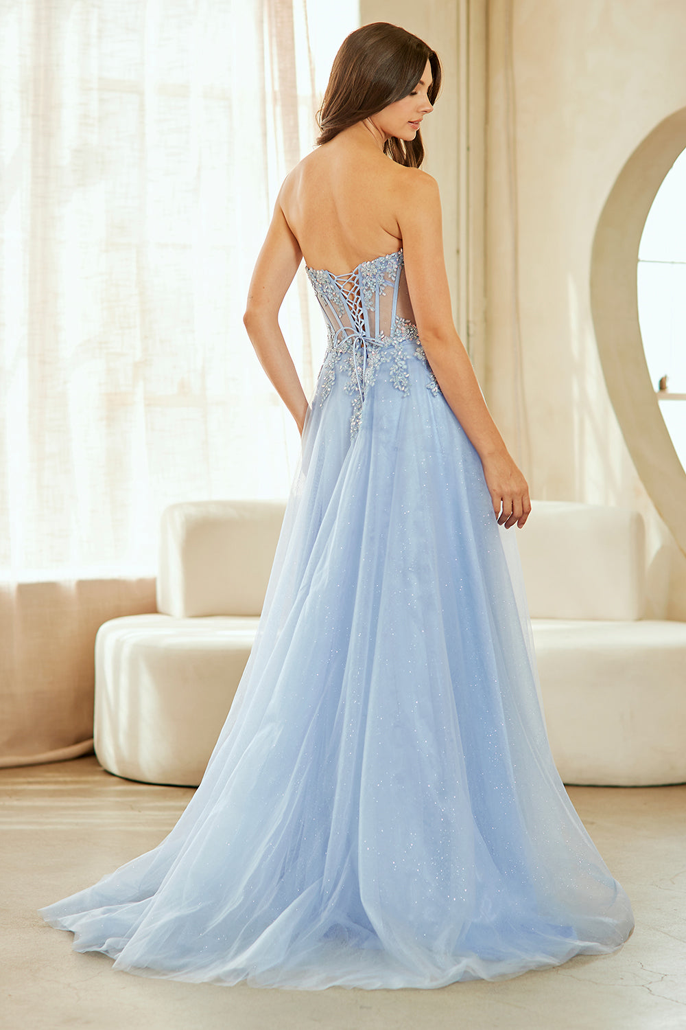 Applique Strapless Slit Gown by Amelia Couture 9078