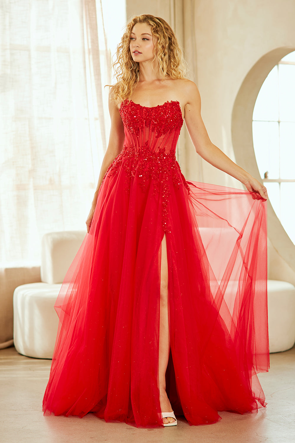 Applique Strapless Slit Gown by Amelia Couture 9078