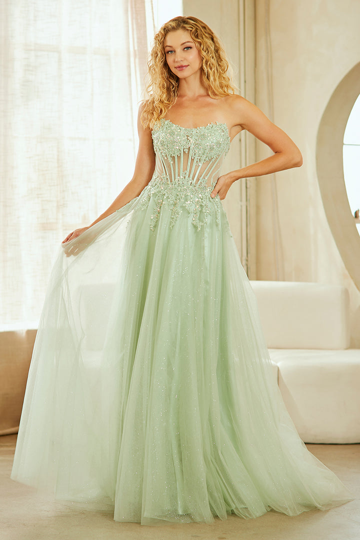 Applique Strapless Slit Gown by Amelia Couture 9078