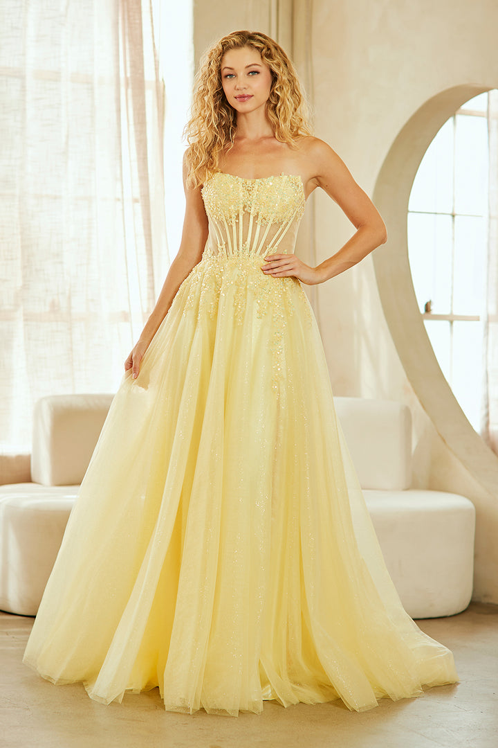 Applique Strapless Slit Gown by Amelia Couture 9078