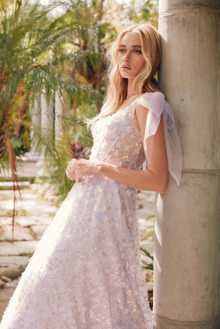 3D Floral Glitter Print Sleeveless A-line Gown by Juliet JT2439K - Outlet