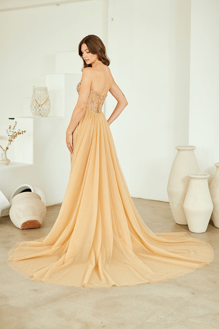 Beaded Strapless Slit Gown by Amelia Couture SU091
