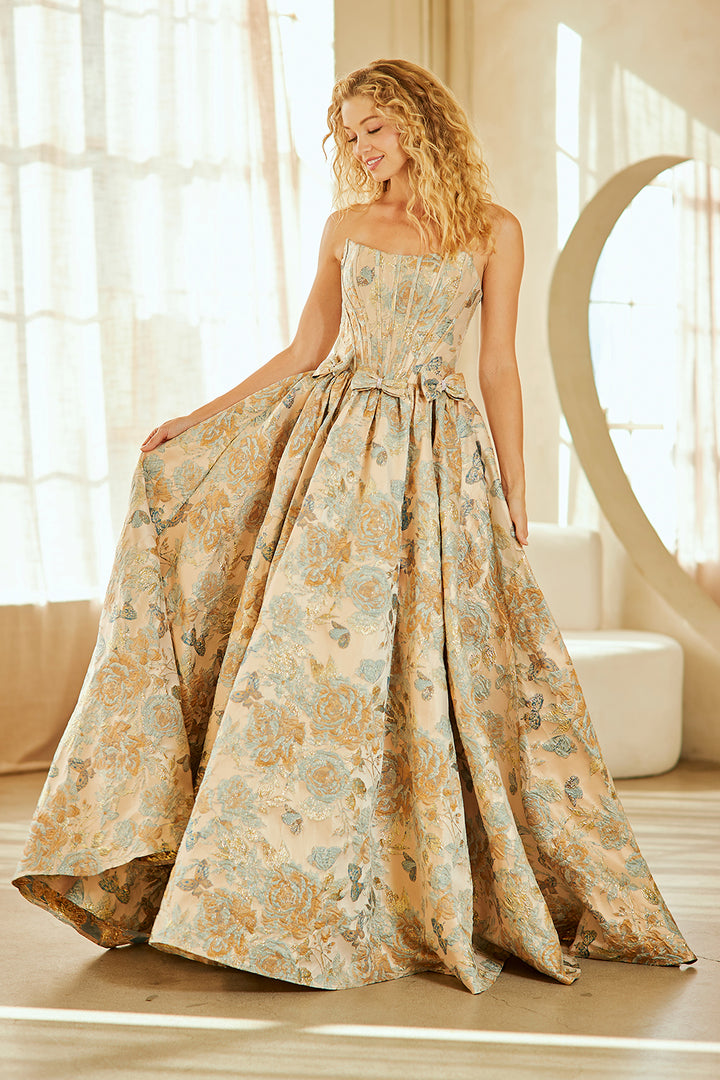 Brocade Strapless A-line Gown by Amelia Couture 8068