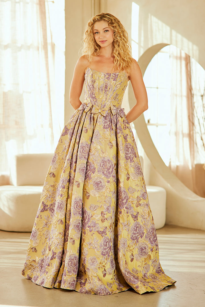 Brocade Strapless A-line Gown by Amelia Couture 8068