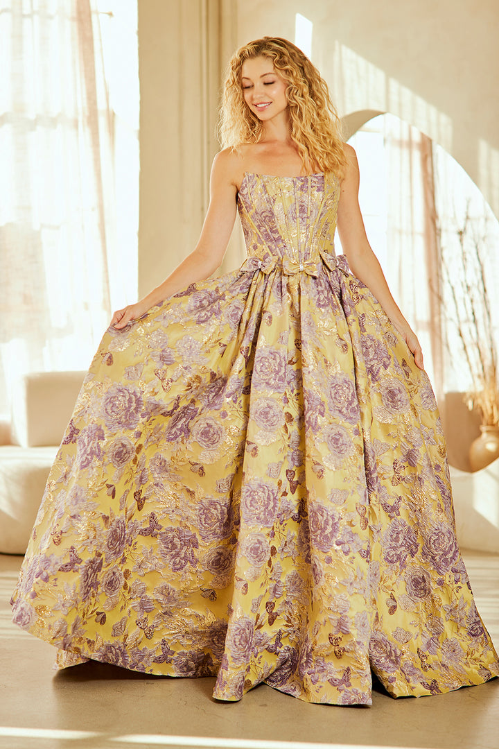 Brocade Strapless A-line Gown by Amelia Couture 8068