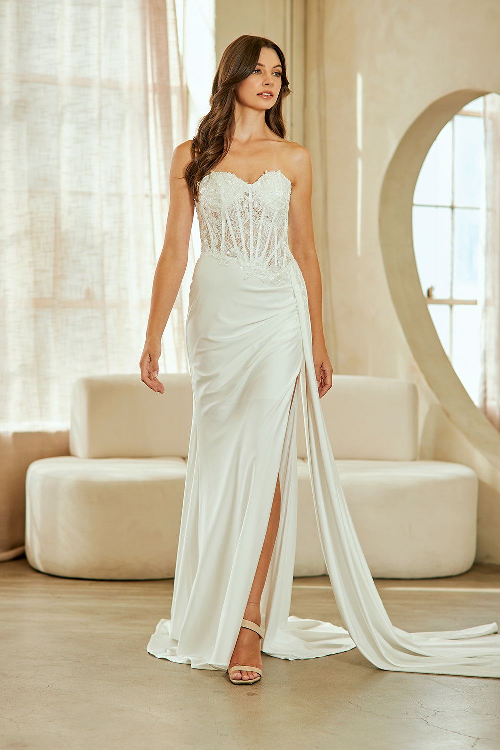 Applique Strapless Slit Gown by Amelia Couture 2076