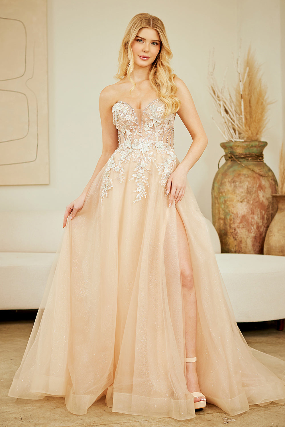 Strapless A-line Slit Gown by Amelia Couture 4062